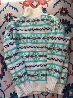 Cream Turtleneck Fair Isle Sweater with Mint and Navy Accents